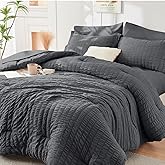 HYMOKEGE California King Comforter Set Seersucker 7 Pieces, All Season Luxury Bed in a Bag for Bedroom, Bedding Set with Comforters, Sheets, Pillowcases & Shams, Dark Grey