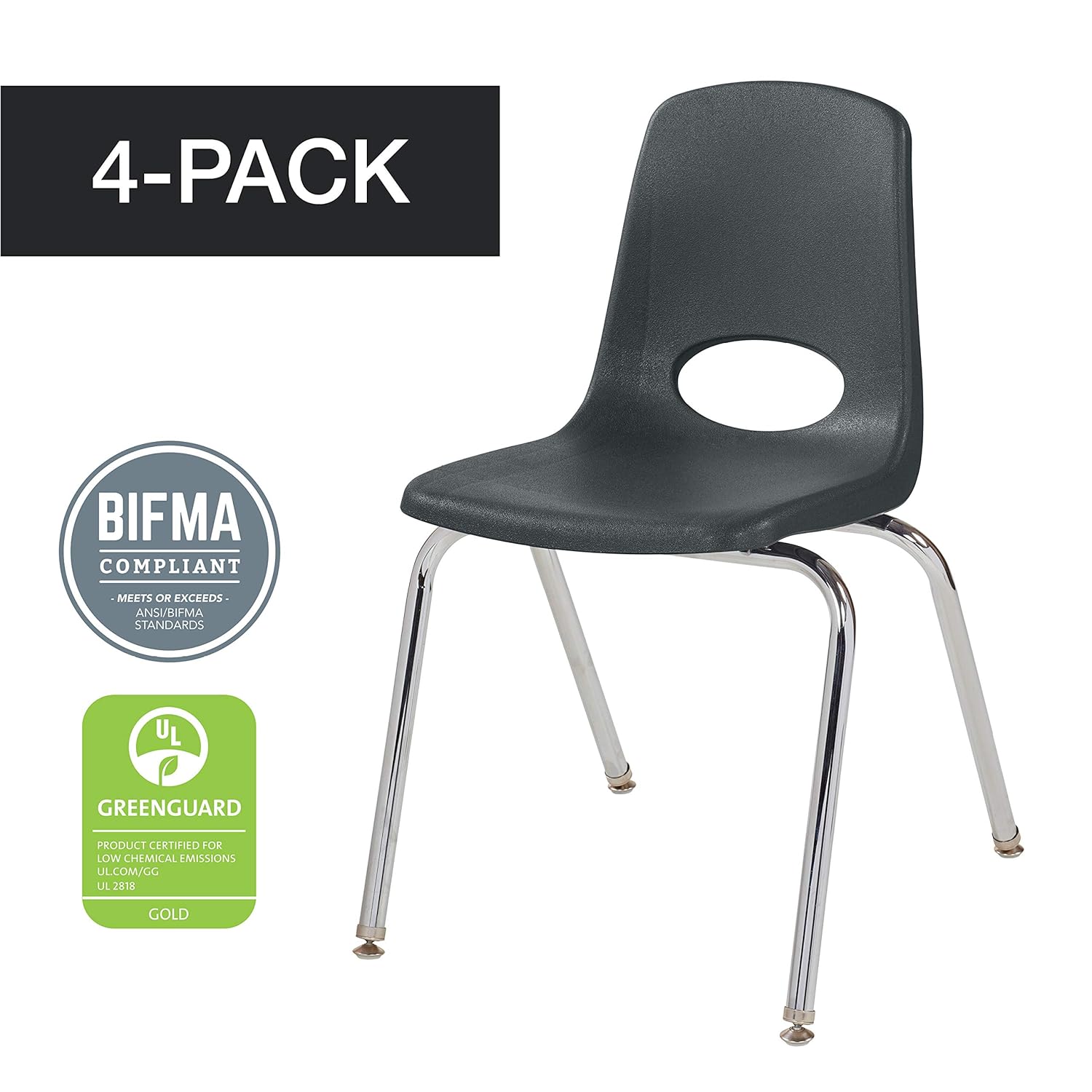 Factory Direct Partners"18"" School Stack Chair, Stacking Student Seat with Chromed Steel Legs and Nylon Swivel Glides; for in-Home Learning, Classroom or Office - Black (4-Pack)": Industrial & Scientific