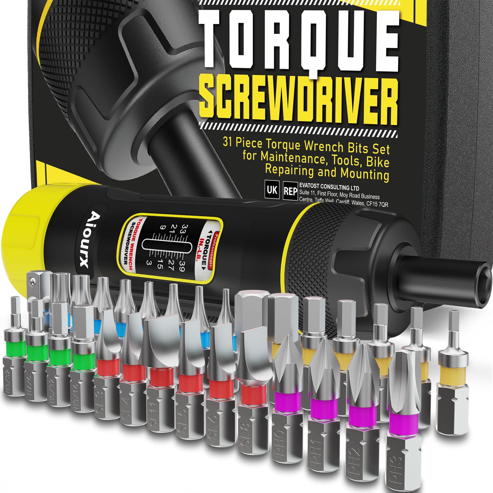 Photo 1 of Aiourx Torque Screwdriver Wrench Set, 3-39 Inch Pounds lbs, 3 in-lb Increment, 31 Pcs 1/4" Drive Torque Screwdriver Wrench with S2 Steel Bits for Tools, Mounting and Bike Repairing