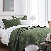 SunStyle Home Olive Green Quilt King Size, Lightweight Comforter Blanket Bedspread Soft Reversible Coverlet for All Season 3pcs Army Green Square Quilted Bedding Set (1 Quilt 2 Pillow Shams)(106"x96")