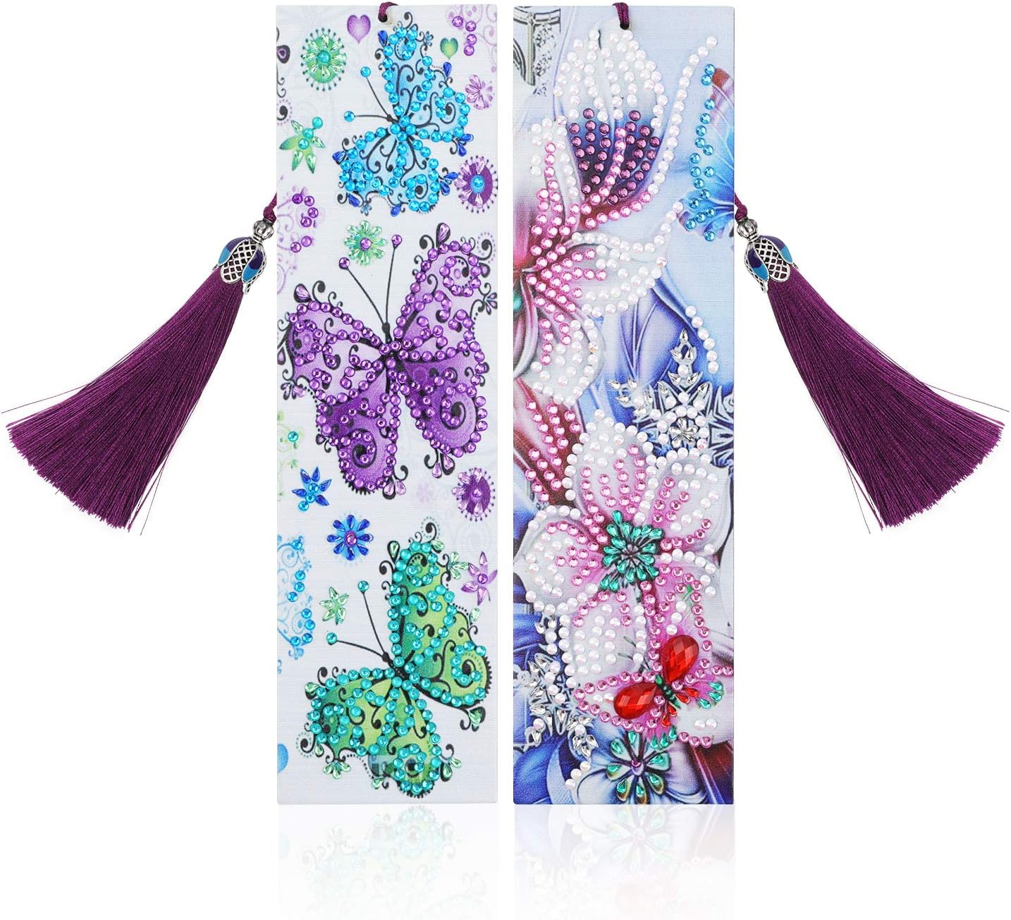 (2 Pack) VETPW DIY 5D Diamond Art Painting Bookmarks, Paint by Numbers Kit, Special Shaped Diamond Tassel Leather Bookmark Embroidery Painting for Adults Beginners- Butterfly & Flower