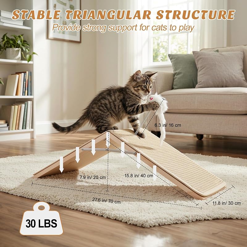 Griffoir Chat, Rampe á Griffer en Sisal pour Chat, Planche á Griffer Pliable en Bois avec 2 Jouets en Peluche À Ressort, Rampe Triangle pour Chatons Protection Meubles, Tapis Anti-Dérapant