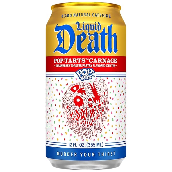 LIQUID DEATH ICED TEA, POP-TARTS™ CARNAGE (POP-TARTS® FROSTED STRAWBERRY TOASTER PASTRY FLAVORED BLACK TEA), LESS SUGAR*, BOOST OF CAFFEINE, B VITAMINS, NO ARTIFICIAL SWEETENERS, 12 FL OZ (PACK OF 12)