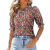 CHICZONE Women's Mock Neck Casual Summer Tops Ruffle Short Sleeve Keyhole Back Boho Blouses