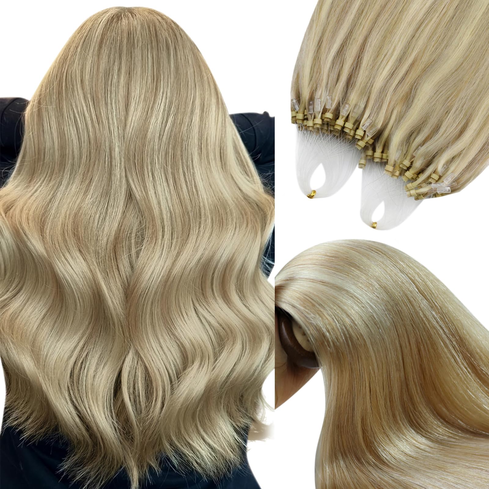 YoungSee 16inch Micro Loop Hair Extensions Highlight Micro Hair Extensions Real Human Hair Blonde with Ash Blonde Highlights Cold Fusion Pre Bonded Natural for Wedding Invisible Fishing Line 50s 50g — image 1