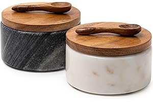 Cork & Mill Marble Salt and Pepper Bowls - Set of 2 Handcrafted White/Grey Solid Marble Salt and Pepper Cellars with Lids and Spoons - Elegant Containers for Countertop or Table