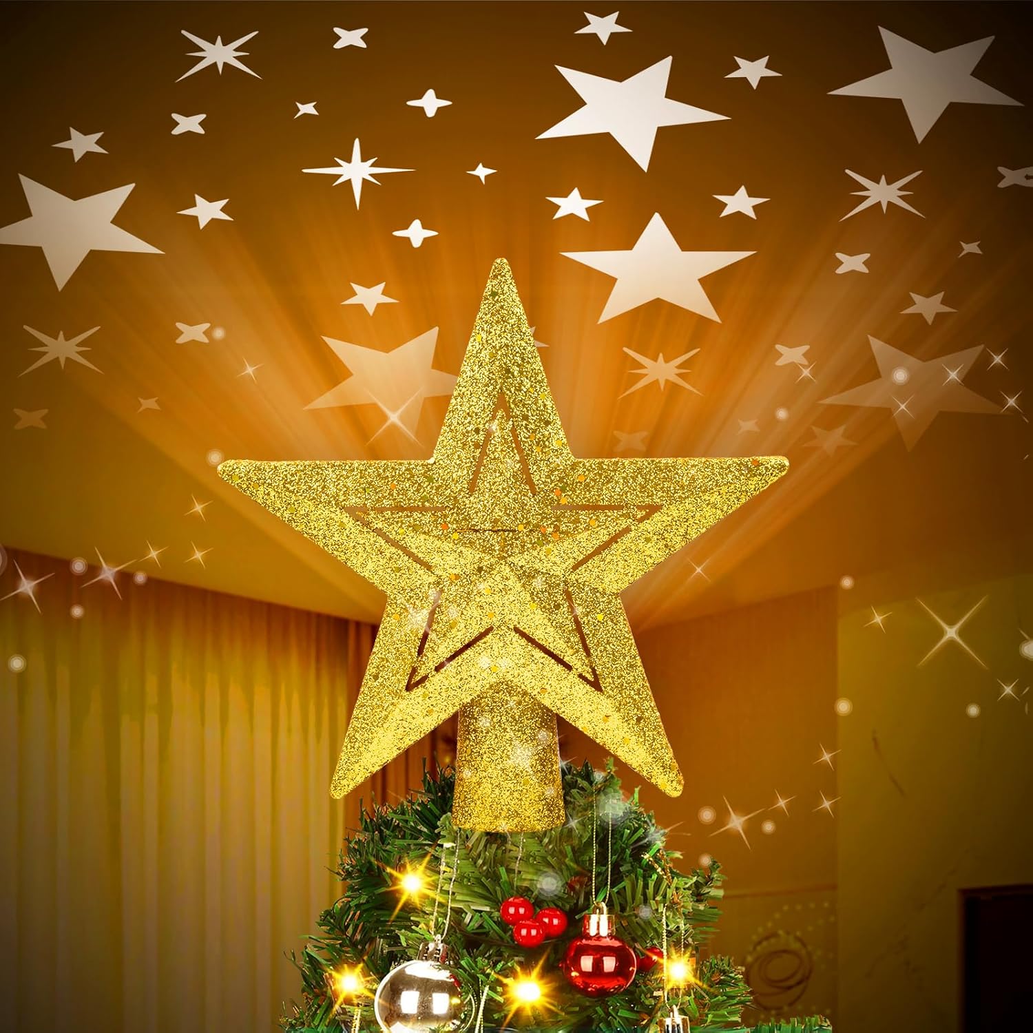 Tree Toppers - Sparkling Gold Christmas Tree Topper Lighted, 3D Hollow Xmas Tree Decorations, Christmas Tree Star Topper with 2 Projection Modes, Suitable for Party Festivals