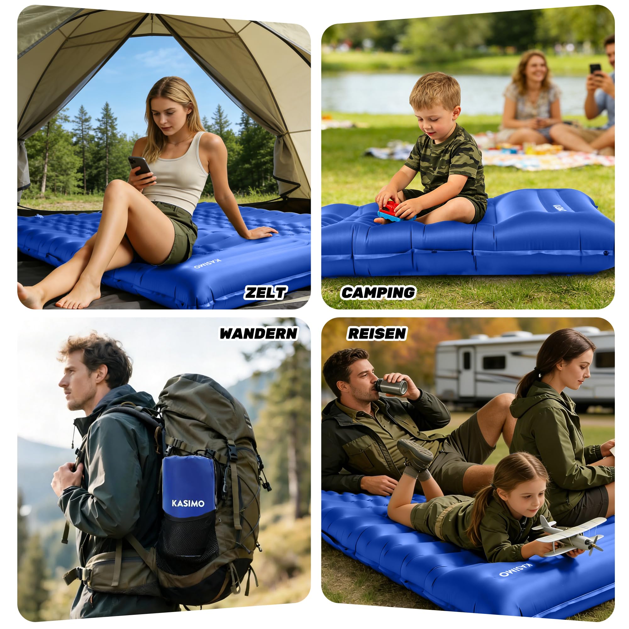 KASIMO Isomatte 12CM Luftmatratze Camping mit integrierten kopfkissen, Aufblasbare Matratze mit Fußpumpe Ultraleichte & Kompakte Isomatte - perfekt für unterwegs Wandern Zelt Blau 8