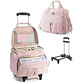 Marscamd Rolling Teacher Bag with 15.6" Laptop Compartment & Accordion File Organizer, Wheeled Work Briefcase Tote with Detachable Trolley for Women, Pink