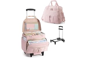 Marscamd Rolling Teacher Bag with 15.6" Laptop Compartment & Accordion File Organizer, Wheeled Work Briefcase Tote with Detachable Trolley for Women, Pink