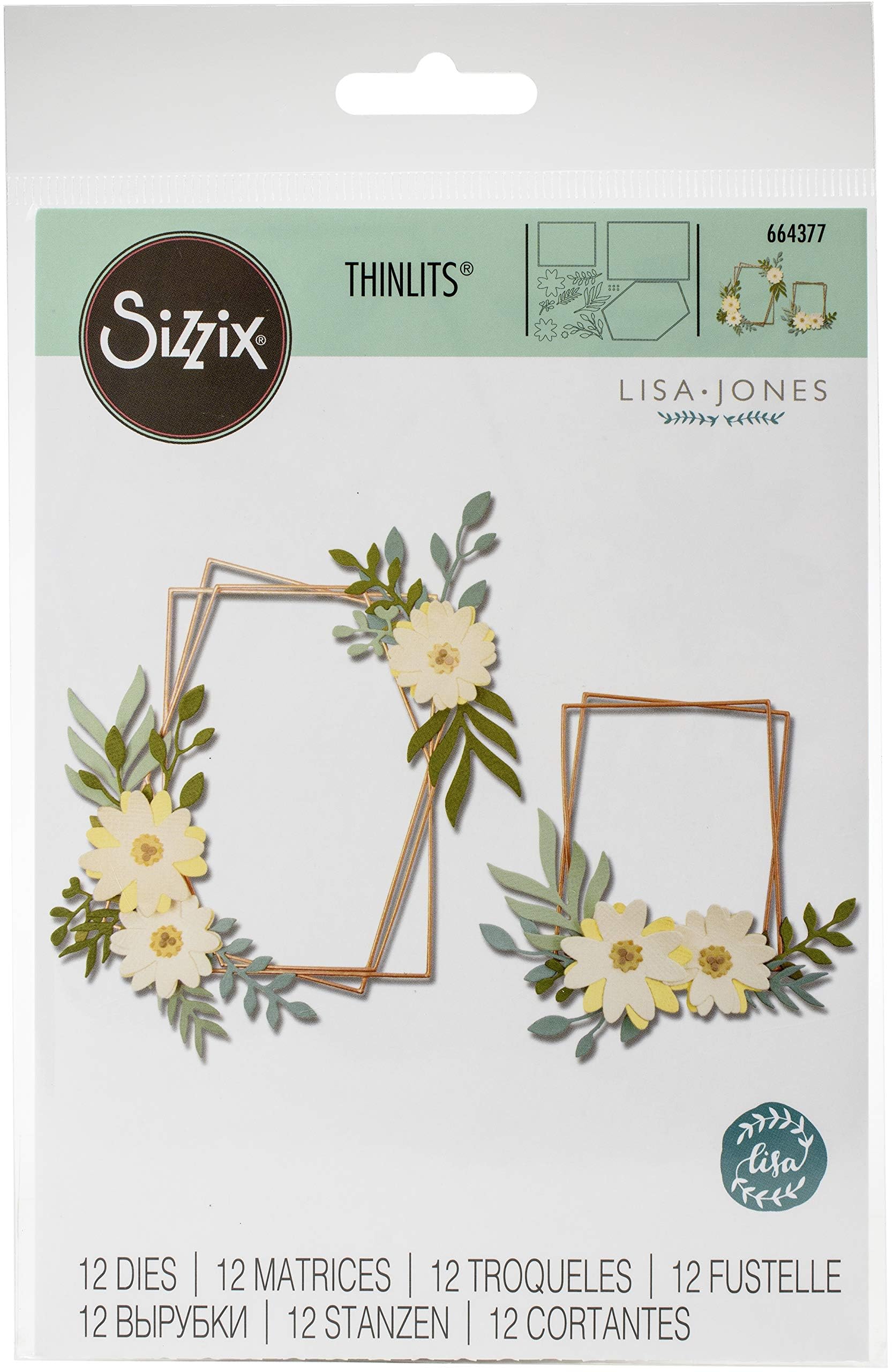 Sizzix Thinlits Die Set 12 Pack 664377 Geo Floral Frame by Lisa Jones, Paper, Multi-Colour, One Size