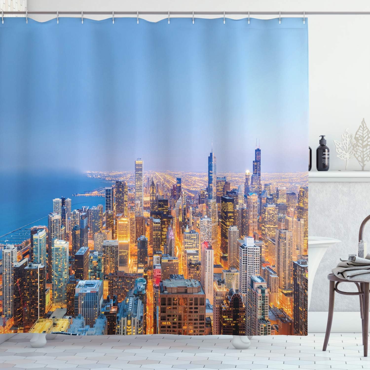 Amazon Com Ambesonne Chicago Skyline Shower Curtain Aerial View Of Town With Michigan Lake Vibrant City Panorama Evening Time Cloth Fabric Bathroom Decor Set With Hooks 70 Long Blue Orange Home Kitchen