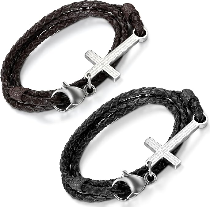 Flongo Lederarmband Herrenarmband Damenarmband, 2 Stück Edelstahl Leder