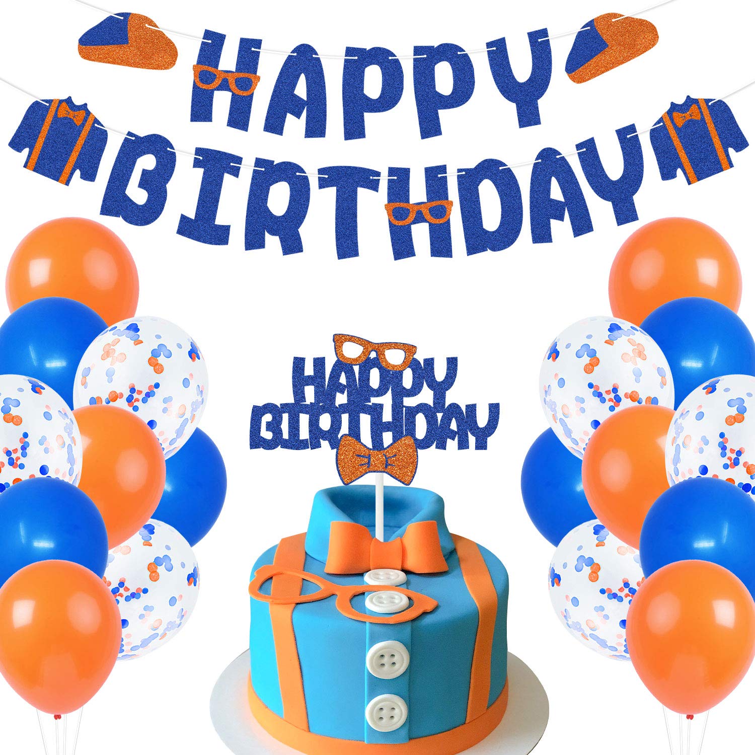 Kids Birthday Cake Topper - Orange & Blue Glitter Cartoon Hat & Glasses Decor - View #7