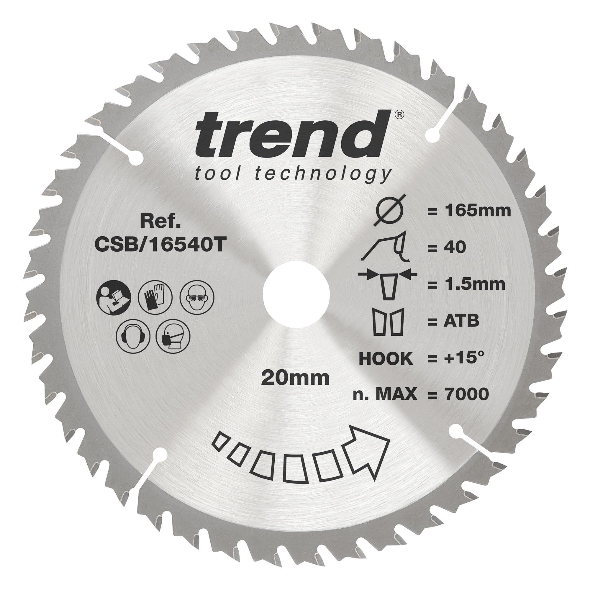Trend Wood Cordless Circular Saw Blade, 165mm Diameter, 20mm Bore, 40 Teeth, 1.5mm Kerf, +15° Hook, TCT, Fine Finish, CSB/16540T