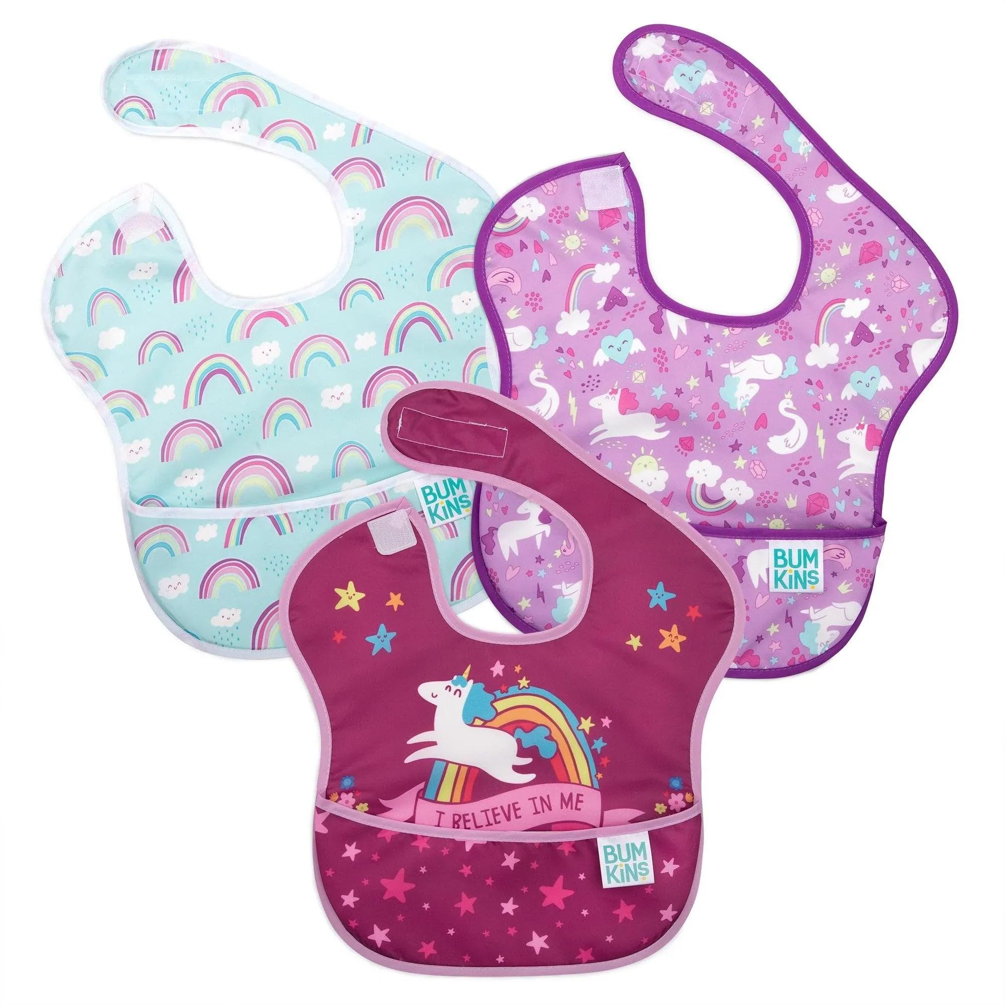 Bumkins SuperBib, Adjustable Hook & Loop Closure, Catch-All Pocket, Baby-Led Weaning, Waterproof, Machine Washable, Stain & Odour Resistant, BPA Free, 6-24 Months, 3-Pack, Believe, Unicorns, Rainbows