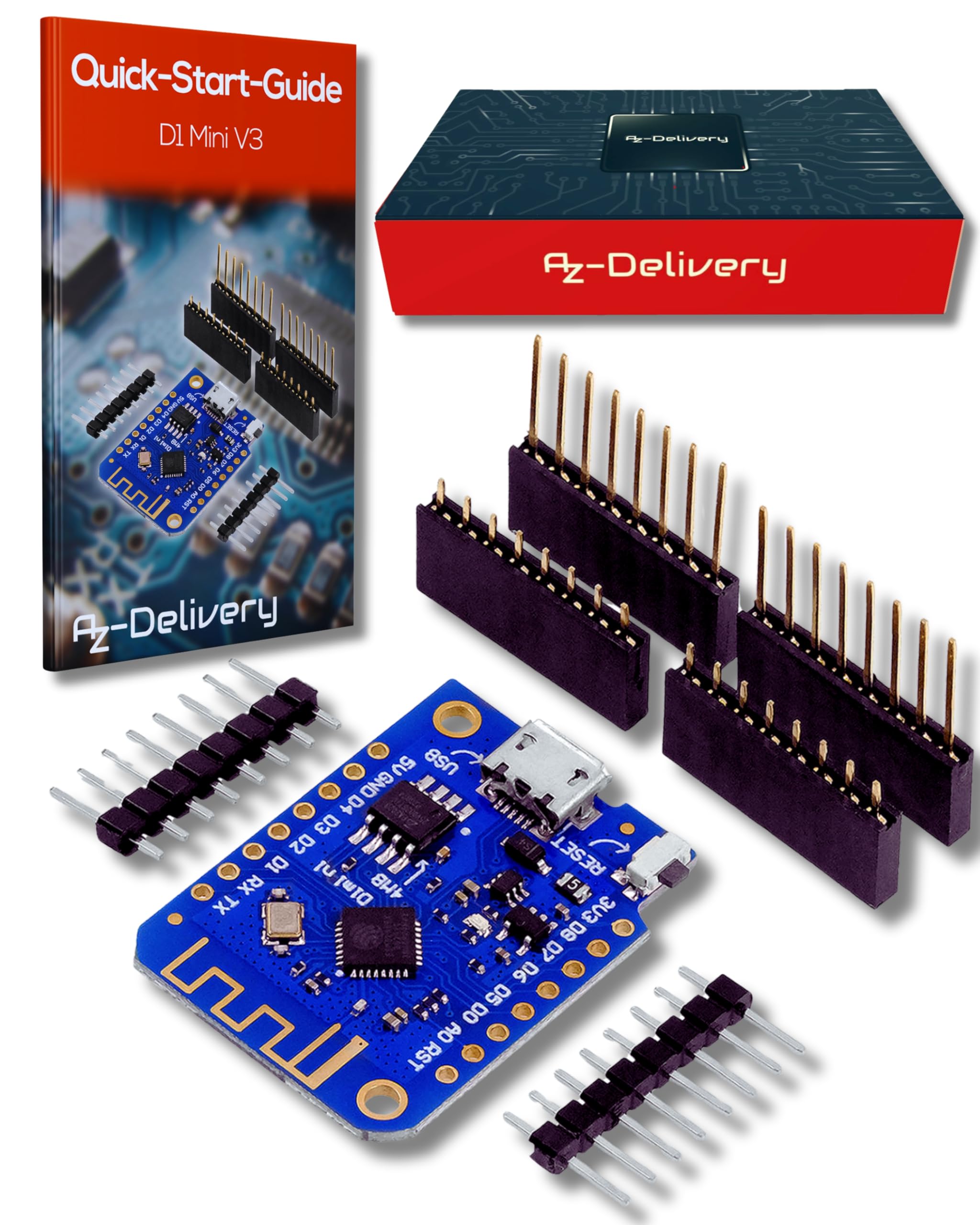 AZDelivery D1 Mini V3 NodeMCU ESP-8266 WiFi IoT Micro USB WLAN Development Board CH340 I2C IIC SPI 4MB Flash 5V 3.3V ESP8266EX Compatible with Micropython Wemos and Arduino Including E-Book!