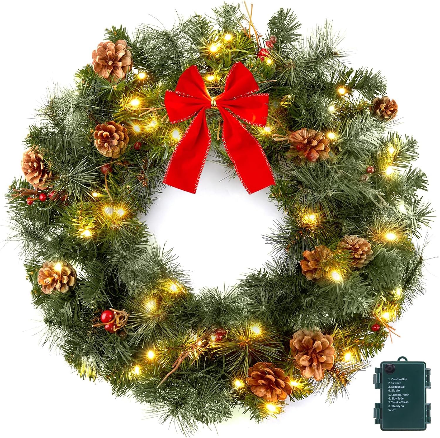 Wreaths, Garlands & Swags - 24 Inch Pre-Lit Handcrafted Christmas Wreath, Decor with Pine Cones Pine Needles Branches Red Berry Mini Bow IP44 Battery Operated 50 LED Christmas Wreaths for Front Door Wall Windows X-Mas Collection