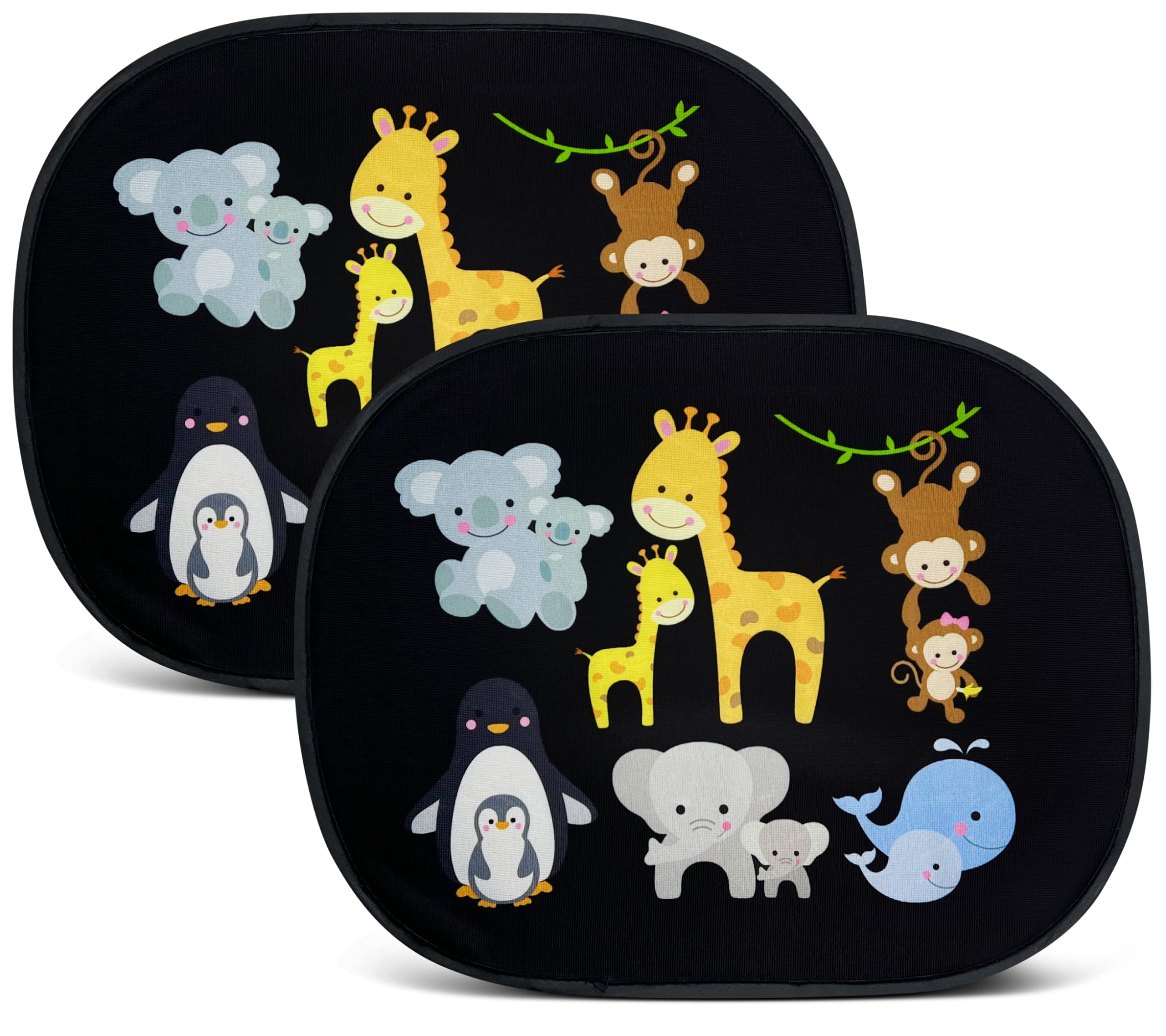 HECKBO 2x car sun visor with 8 suction cups - Baby animals with mum - 44x36cm - car window side sunshade car sun visor side for baby kids girls boys incl. Bag