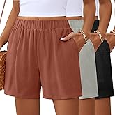 Ficerd 3 Pack Women's Casual Linen Shorts,Pleated High Waist Wide Leg Summer Elastic Comfy Trendy Shorts with Pockets