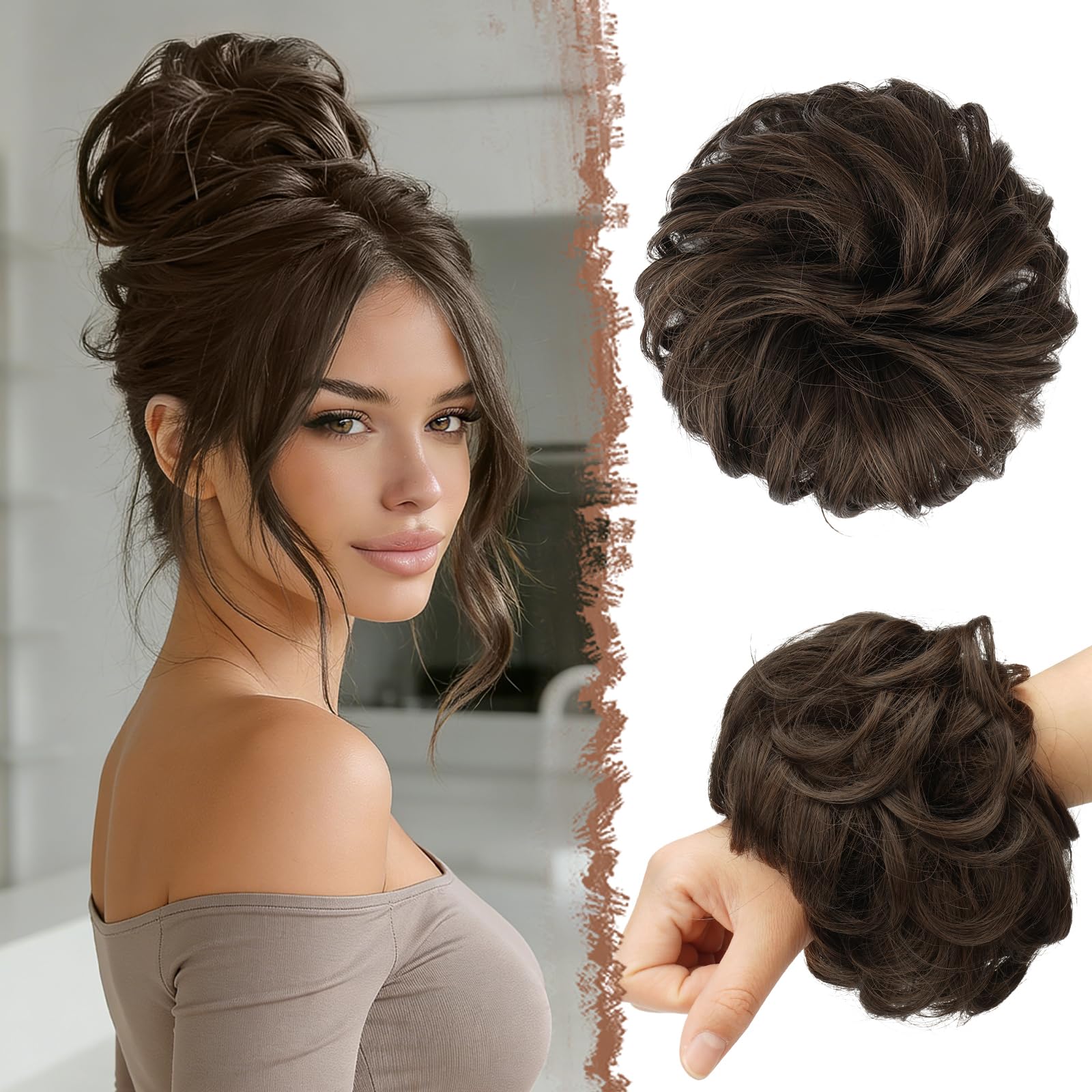 FESHFEN Messy Bun Hair Piece Hair Bun Scrunchies Synthetic Wavy Curly Chignon Ponytail Hair Extensions Thick Updo Hairpieces for Women Girls 1PCS, Warm Brunette