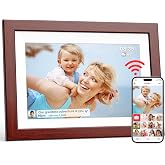Frameo 10.1" Digital Picture Frame Brown Solid Wood | 1280x800 IPS Touch Screen, Send Photos/Videos from Your Phone Anywhere, Photo Gifts for Parents and Grandparents