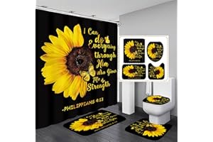 AZHM 4pcs Sunflower Shower Curtain Set Inspirational Quotes Flower Bathroom Decor with Rugs Bathroom Accessories Set Bathroom Curtain Shower with 12 Hooks