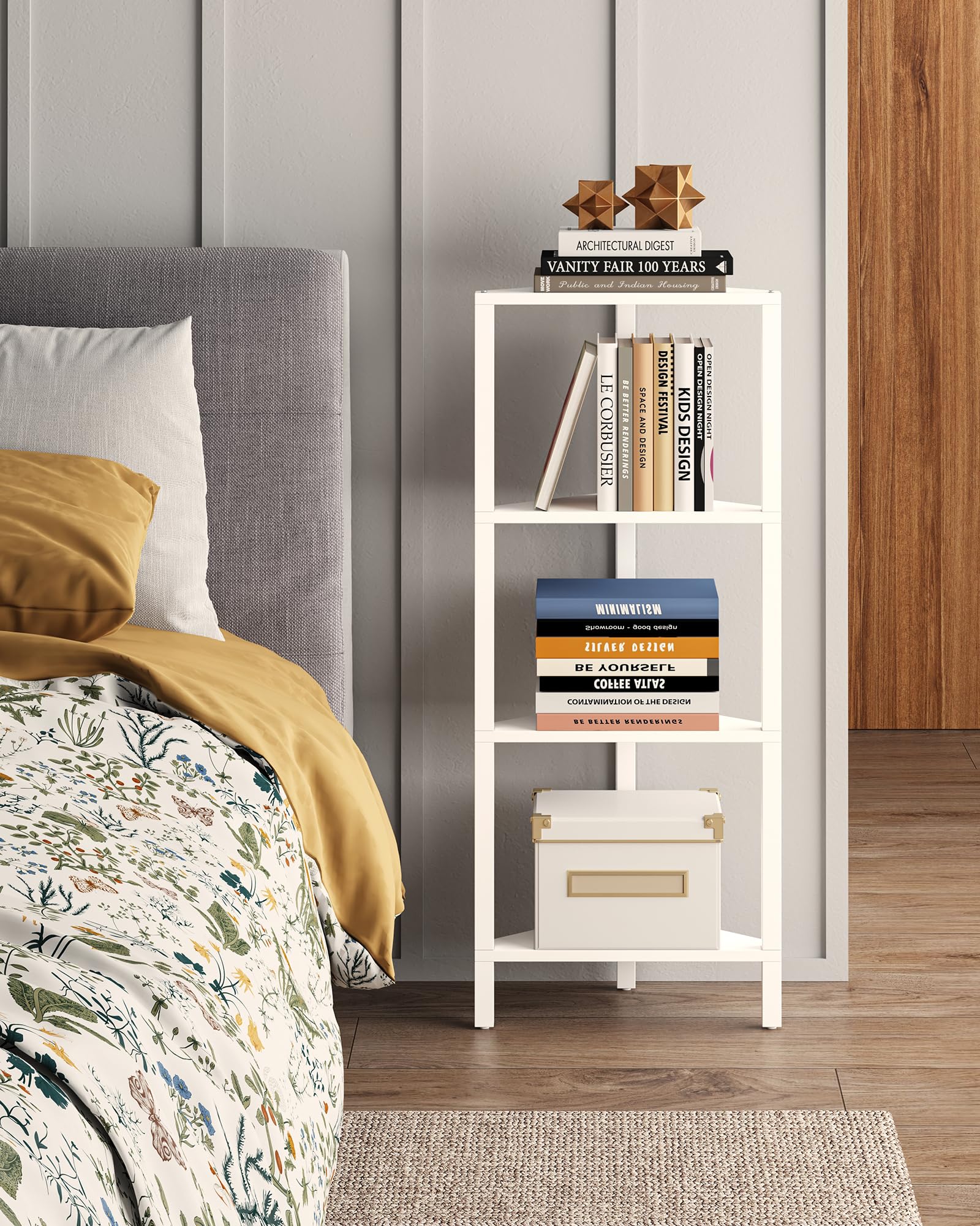 TUTOTAK Corner Shelf, 4-Tier Corner Bookshelf for Small Space, Narrow Display Corner Shelf Stand with Storage Rack, for Living Room, Bedroom, White BS05BW004