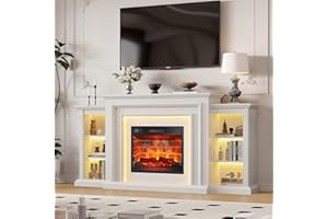 BOSHIRO 72" LED Electric Fireplace with Mantel, Fireplace TV Stand for 80 Inch TV, Entertainment Center w/23'' Red Brick Fireplace, Delicate Three-Dimensional Molding Stand w/Storage for Living Room