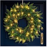 24" Real Touch Christmas Wreath with Lights – Pre-Lit Artificial Cedar Greenery Christmas Door Wreath, Realistic Christmas Wreath Outdoor for Front Door or Holiday Home Décor