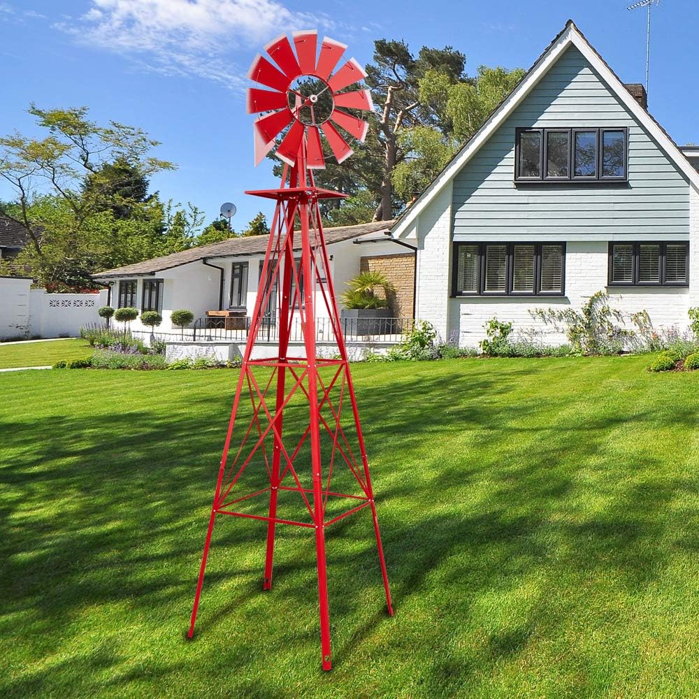 Ferty 8ft Windmill, Metal Steel Windmill Decor with 4-Leg Design, Ornamental Wind Mill Weather Vane Weather Resistant for Home Outdoor Yard Lawn Garden Farm Backyard (US Stock) (Red2)