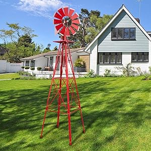Ferty 8ft Windmill, Metal Steel Windmill Decor with 4-Leg Design, Ornamental Wind Mill Weather Vane Weather Resistant for Home Outdoor Yard Lawn Garden Farm Backyard (US Stock) (Red2)