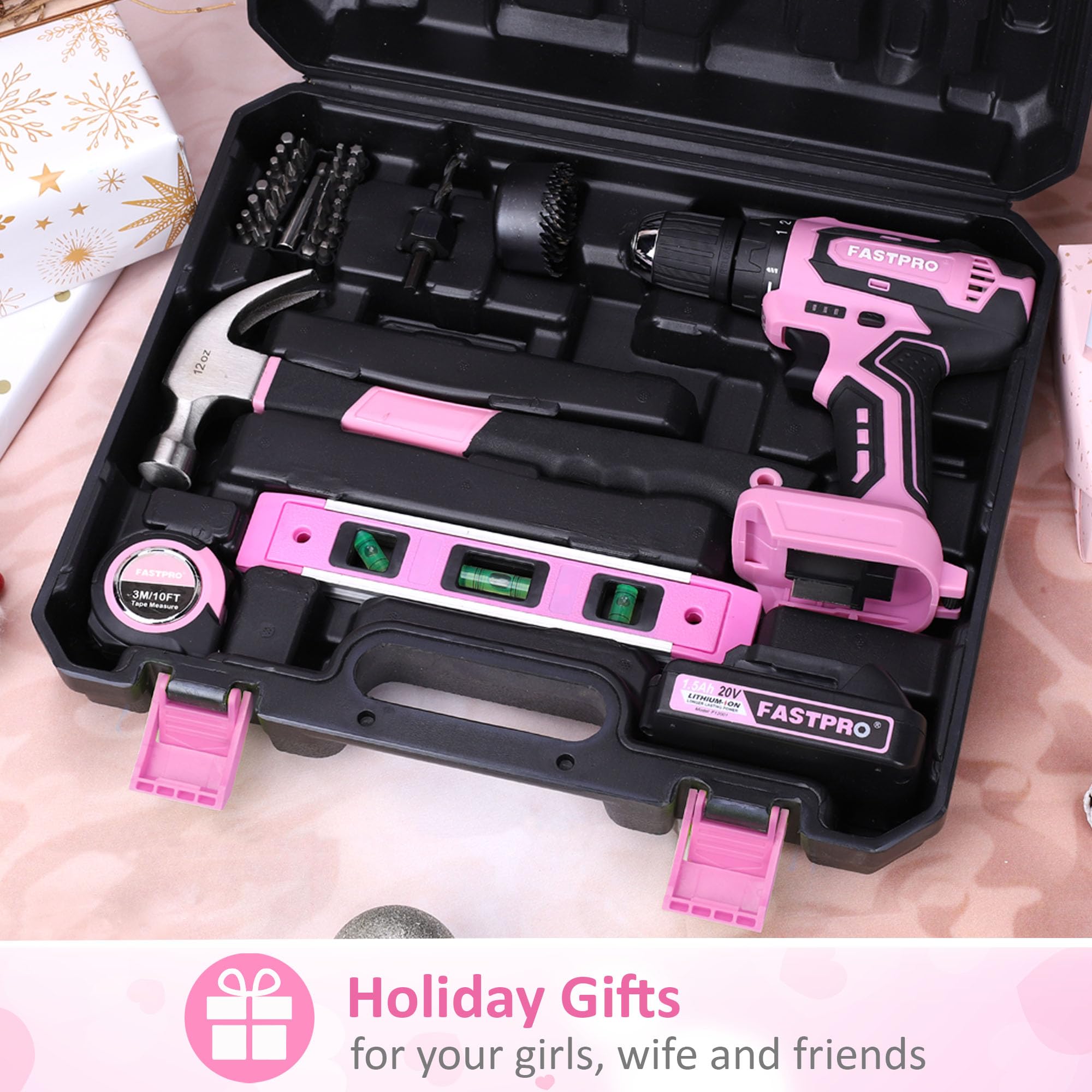 FASTPRO 177-Piece 20V Pink Cordless Lithium-ion Drill Driver and Home Tool Set, Lady's Home Repairing Tool Kit with Drill in Storage Case