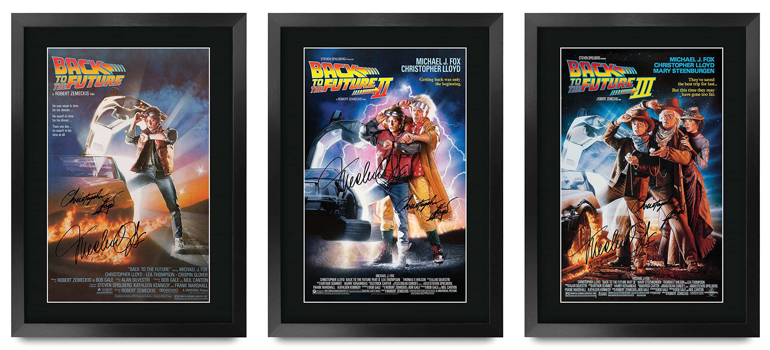 HWC Trading A3 FR Back to the Future Complete Collection Movie Poster Cast Signed Gift Framed Printed Autograph Christopher Lloyd Michael J Fox Gifts Print Photo Picture Display