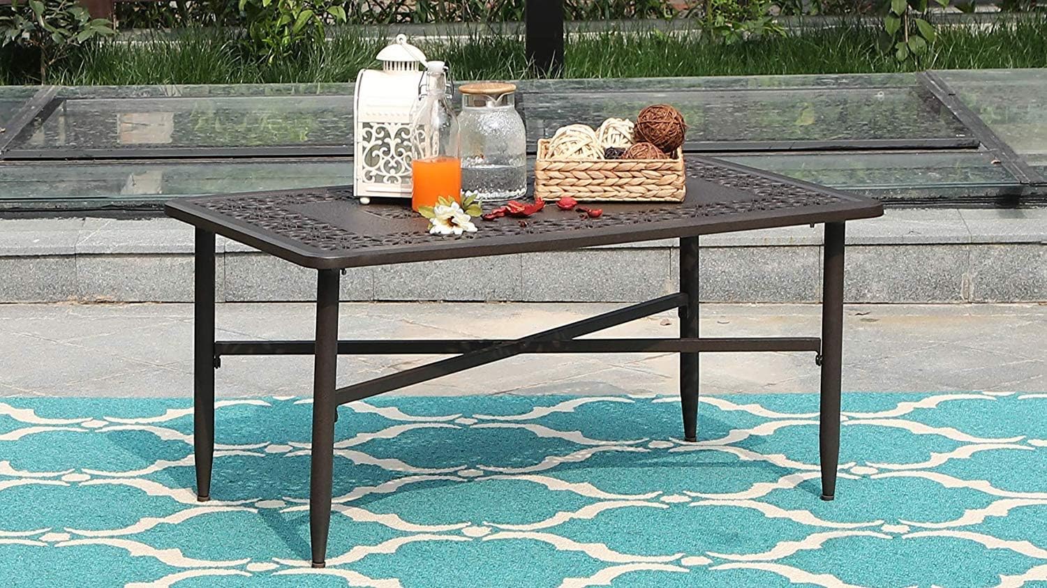 PHI VILLA 38.6" x 23" Outdoor Furniture Patio Retro Tea Dining Table Cast Aluminum Rectangular Elegant Bistro Coffee Table, Dark Brown: Garden & Outdoor