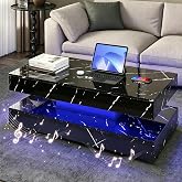 47.2" Black LED Coffee Table with Wireless Charging and Bluetooth Speaker | Bluetooth Speaker, Wireless Charging, Modern Smart Coffee Table with 2 Storage Drawers, Controlled RGB Lights, Black