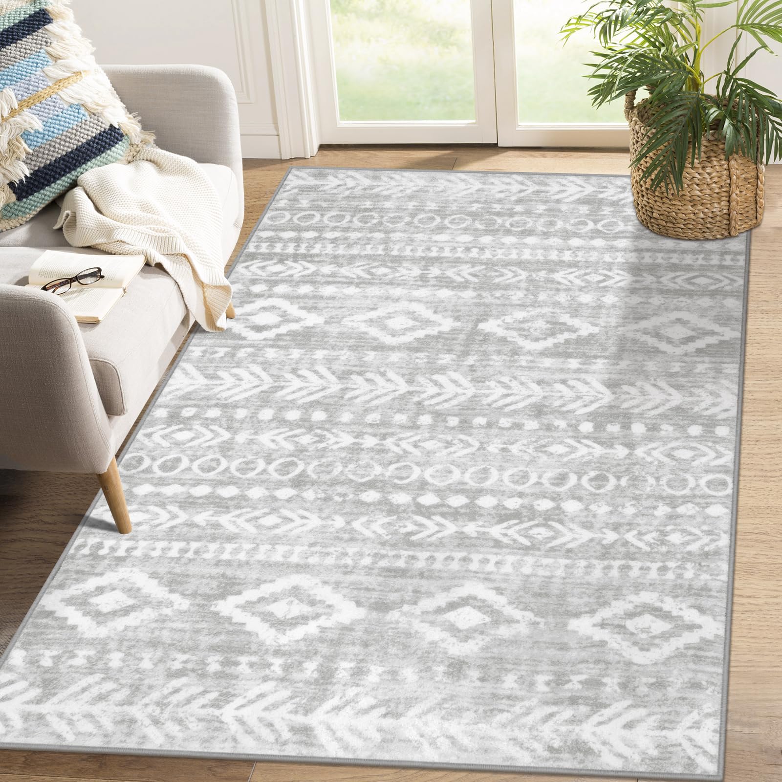 Photo 1 of Lahome Boho Grey and White 4x6 Rug, Ultra-Thin Soft Living Room Area Rug Non Slip, Moroccan Rustic Nursery Rug Tribal Print Indoor Floor Carpet Rubber Backed for Office Bedroom Playroom