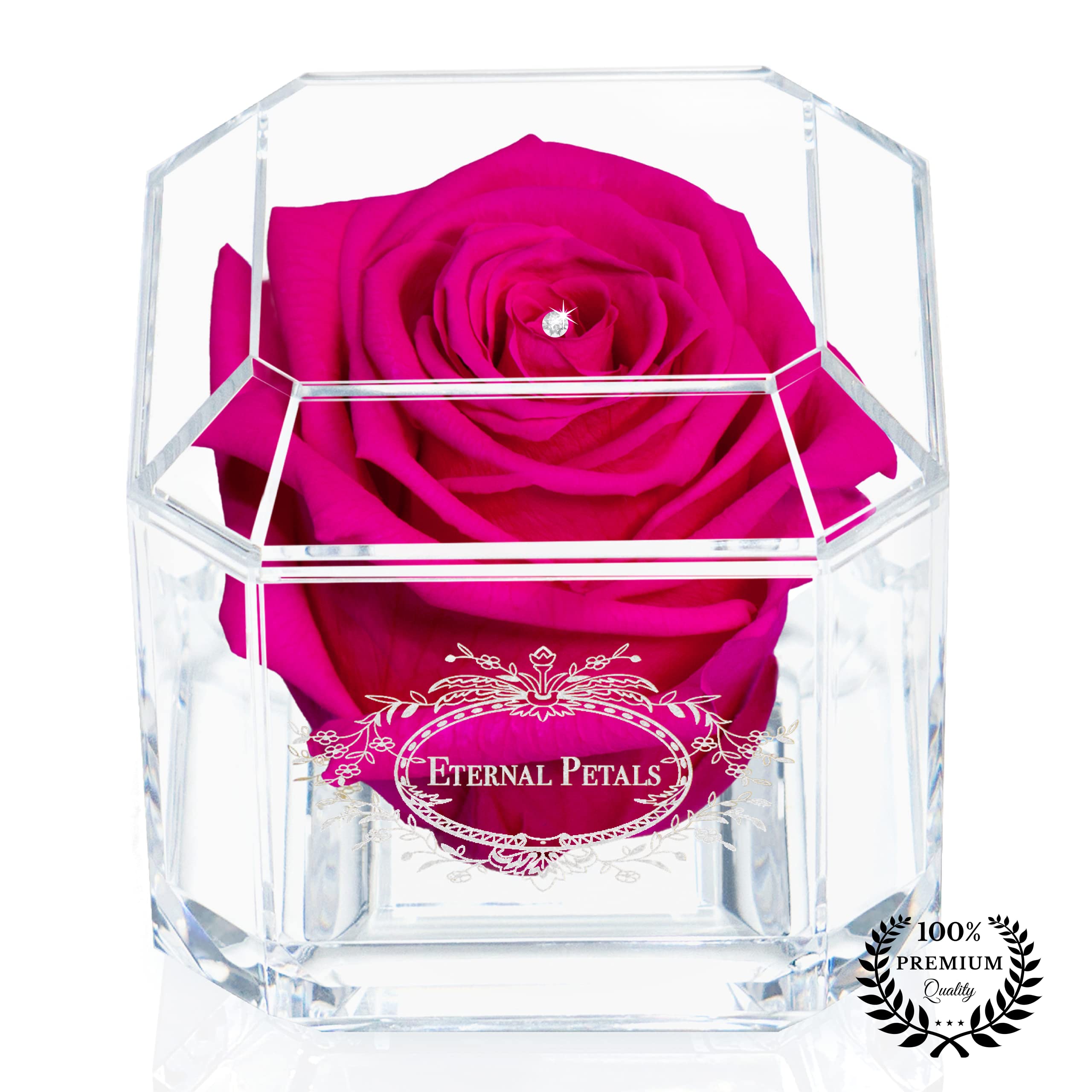 A 100% Real Rose That Lasts Years - Eternal Petals, Handmade in UK – White Gold Solo with A Clear Crystal (Hot Pink) — image 1