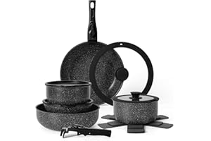 SODAY 15Pcs Pots and Pans Set Non Stick, Cookware Sets with Detachable Handle, Nonstick RV Kitchen Cooking Set Removable Handles, Oven Safe, Induction Fast, Stackable Non-stick Set, Black