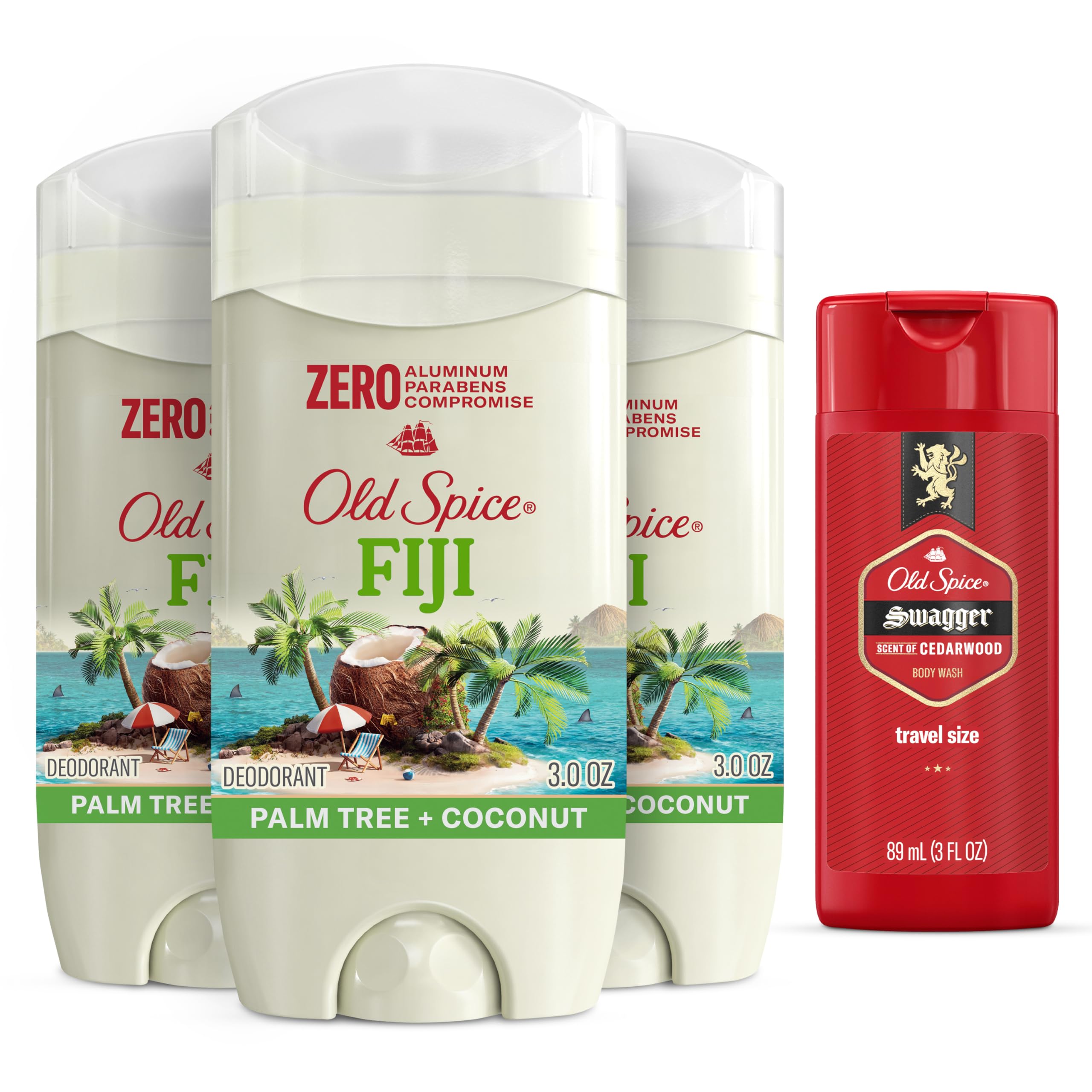 Photo 1 of Old Spice Aluminum Free Deodorant for Men, 24/7 Long Lasting Freshness, 24/7 Sweat & Odor Protection, Fiji with Palm Tree Scent Deodorant with Travel-Size Swagger Scent Body Wash, 3 oz (Pack of 3)