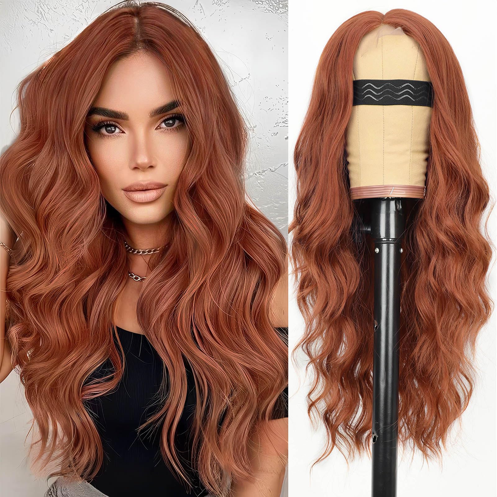 Photo 1 of AISI HAIR Auburn Wigs for Women, Long Wavy Lace Hairline Middle Part Synthetic Heat Resistant Wig for Daily Party-26 Inch