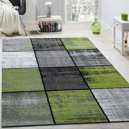 Tappeto Di Design Moderno Pelo Corto Quadri Speciale Mélange Grigio Nero Verde Dimensione140x200 Cm