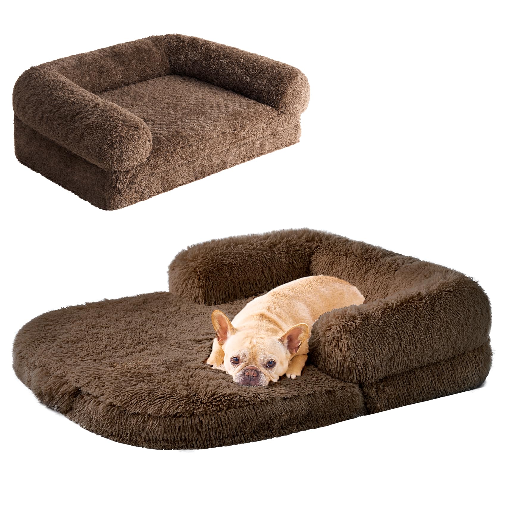 Photo 1 of EHEYCIGA Foldable Dog Bed, Faux Fur Fluffy Dog Couch Bed, Orthopedic Calming Memory Foam Pet Bed for Small Dogs, Washable Soft Warm Pet Sofa Bed with Non-Slip Bottom, Brown, 40"x30"x6"