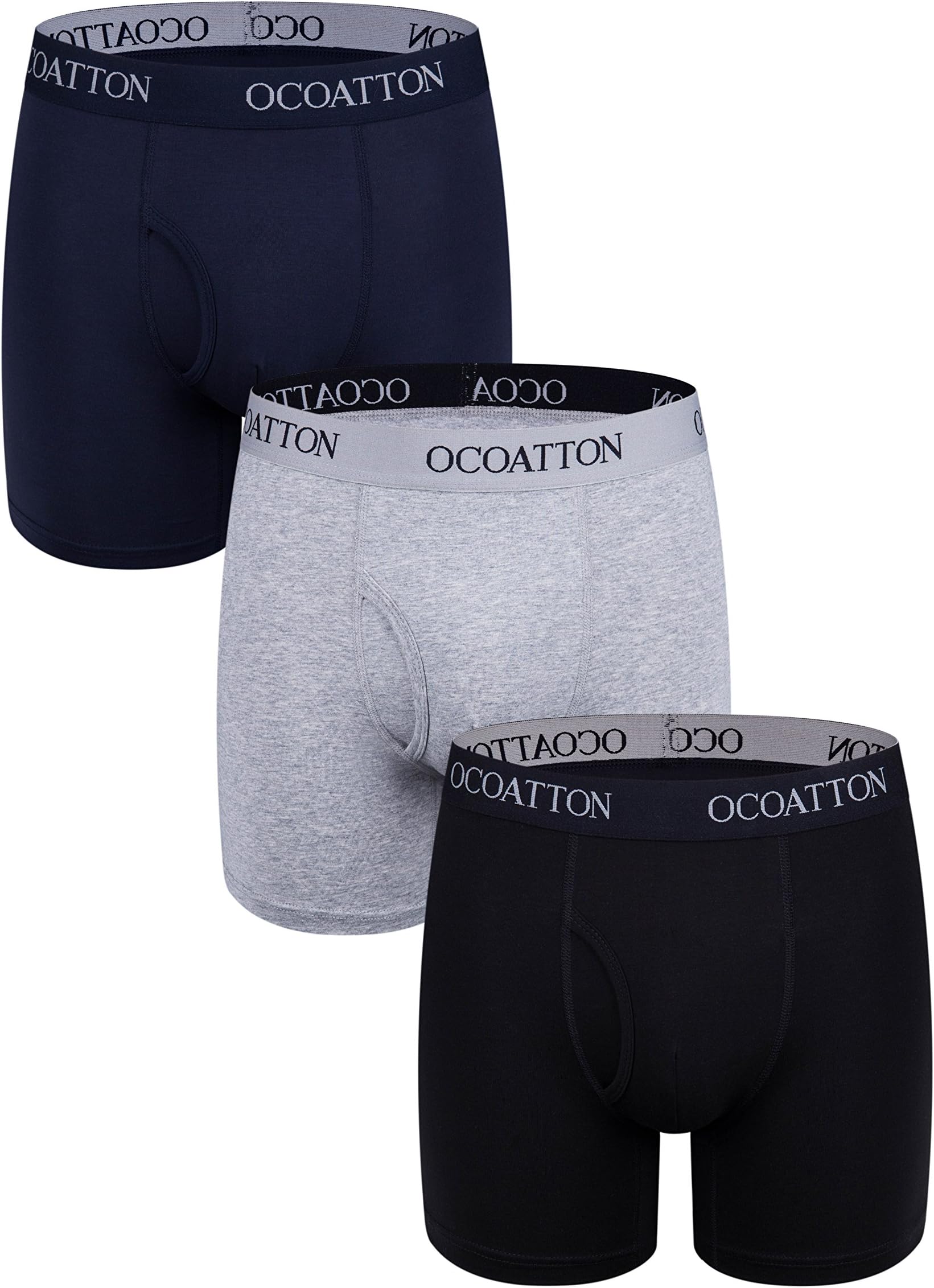 OCOATTON Men's Boxer Briefs Breathable Cotton Underwear with Front Fly 3-Pack