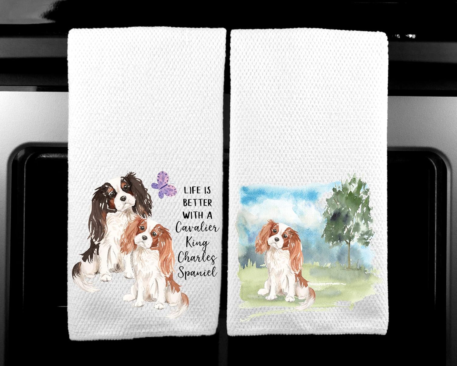 Cavalier King Charles Spaniel Landscape and Watercolor Dog Life is Better Microfiber Kitchen Tea Towel Set of 2