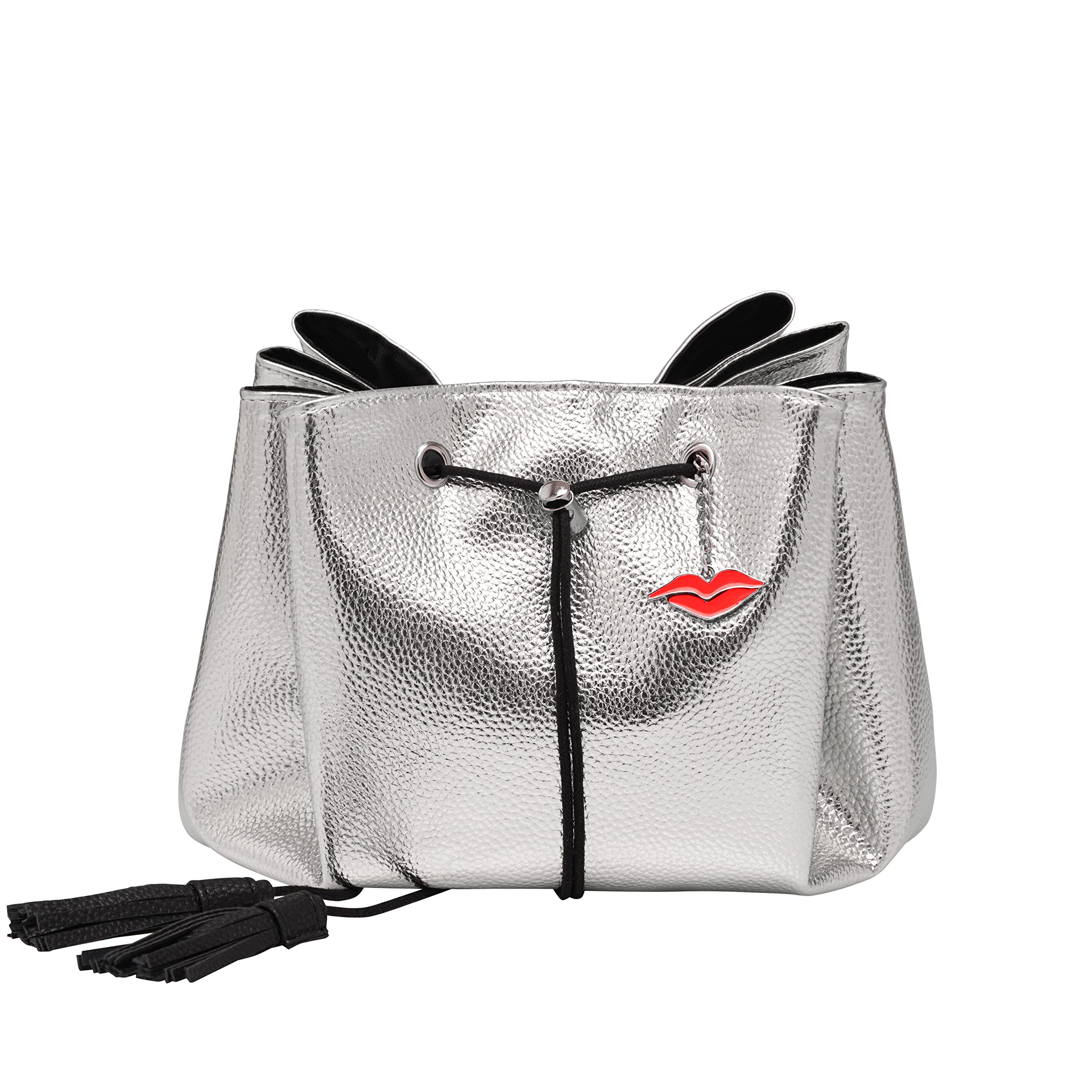 Donna May London Drawstring Makeup Bag for Women, Lay Flat Make Up & Travel Toiletry Organiser, Vegan PU Faux Leather Cosmetics Storage Pouch, Metallic Silver