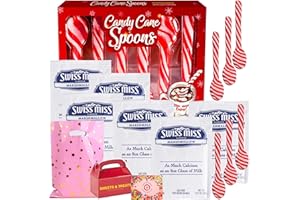 MUCHAI INNOVATIONS Hot Cocoa Chocolate With Marshmallow & Peppermint Candy Cane Spoons Gift Set | Muchai Treat Bag Box Included (6 SwissMiss Packets Plus 6 Spoons)