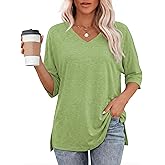 Totatuit Womens Oversized Tee Shirts Short Sleeve V Neck Blouse Side Slit Basic Tshirts Loose Fit Tunic Tops