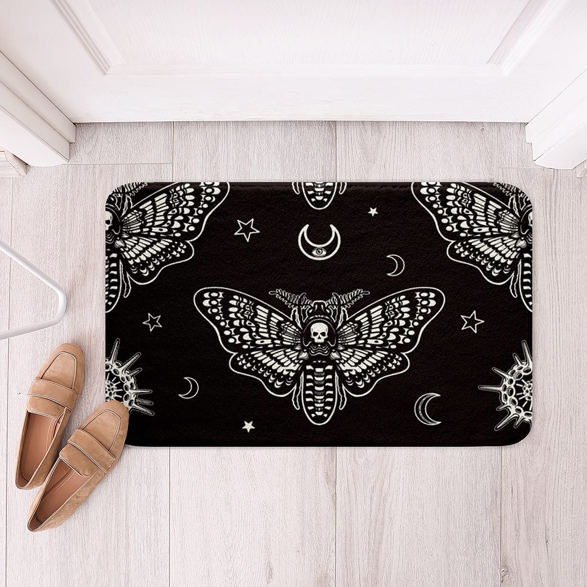 Moth Skull Indoor Doormat, Boho Sugar Skull Front Door Rug Rubber Backing Halloween Skeleton Non Slip Door Mat Gothic Bones Super Absorbent Entrance Rug Inside Floor Mats Machine Washable 20"x32"