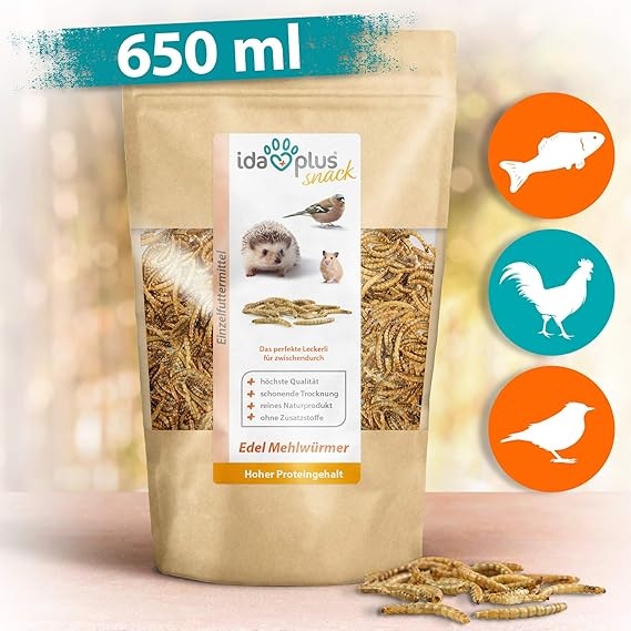 Ida Plus - Edel Mehlwürmer getrocknet - 650 ML - Insekten Snack für Hühner, Igel, Hamster, Teichfische und Reptilien - Vogelf